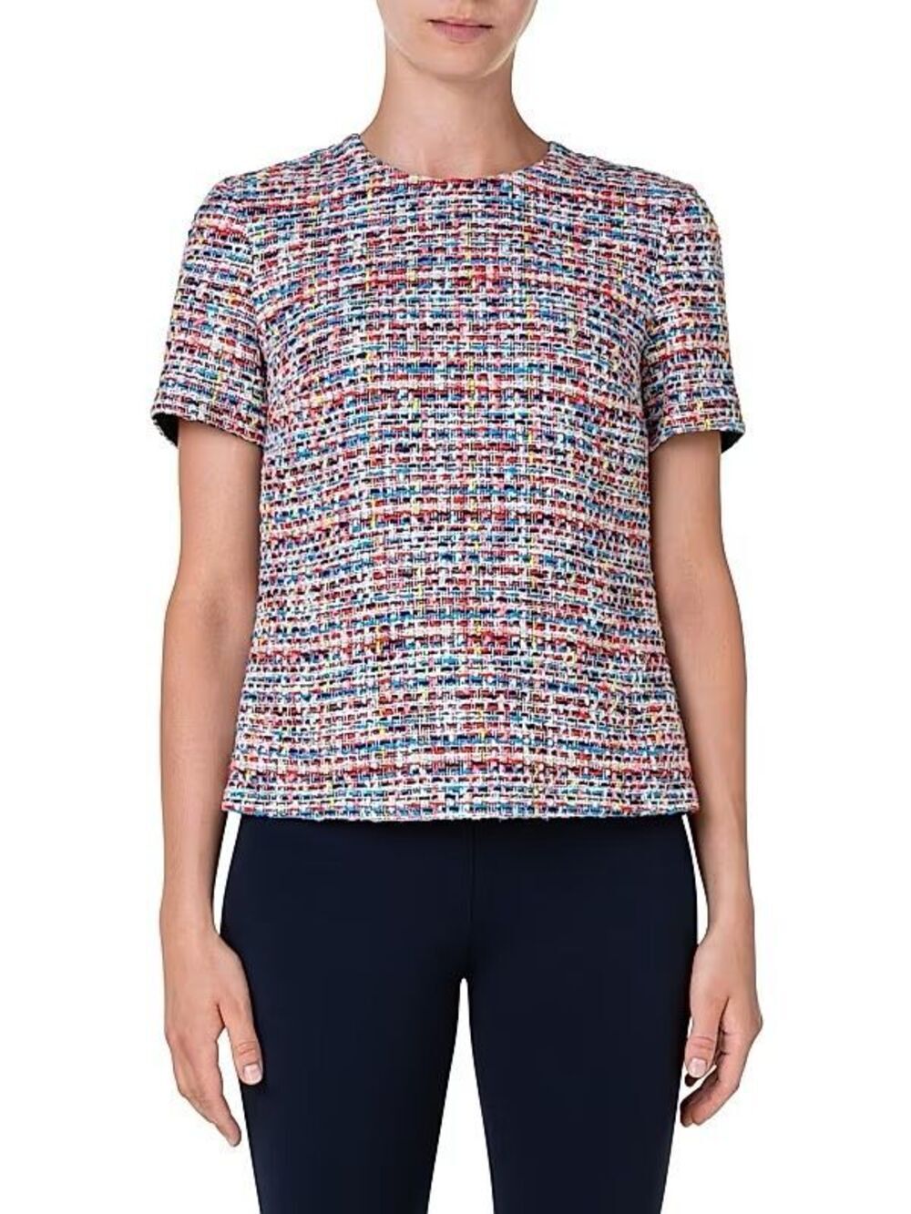 Akris Punto Tweed Top US 12 Multicolor Cotton Open Back Short Sleeve Blouse